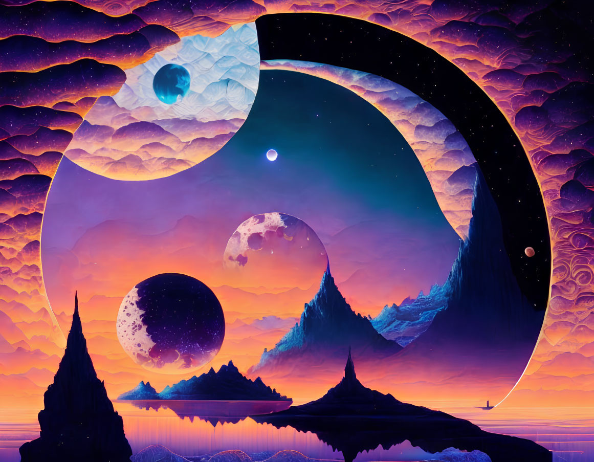 Surreal digital artwork of cosmic landscape with crescent moon, planets, stars, mountains