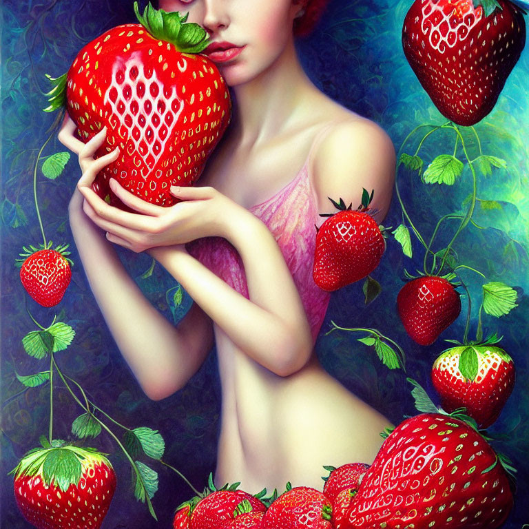 Colorful surreal artwork of a woman with giant strawberry surrounded by more strawberries and leaves