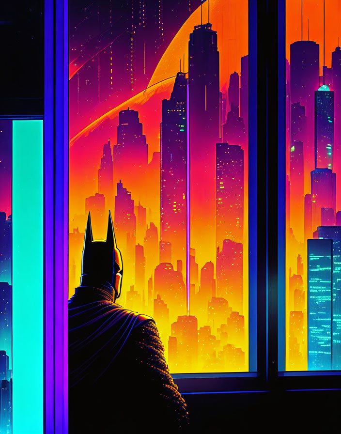 Silhouette of superhero in neon-lit cityscape at night