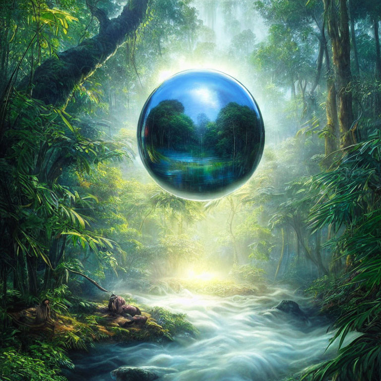 Mystical forest with stream and levitating crystal ball in ethereal light