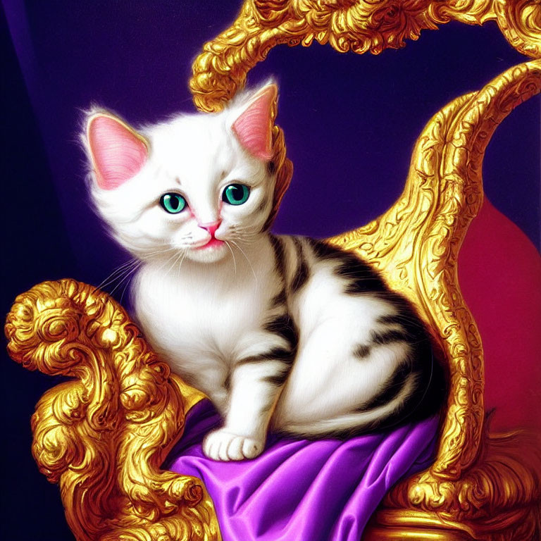 White Kitten with Black Markings on Purple Cloth on Baroque-Style Chair