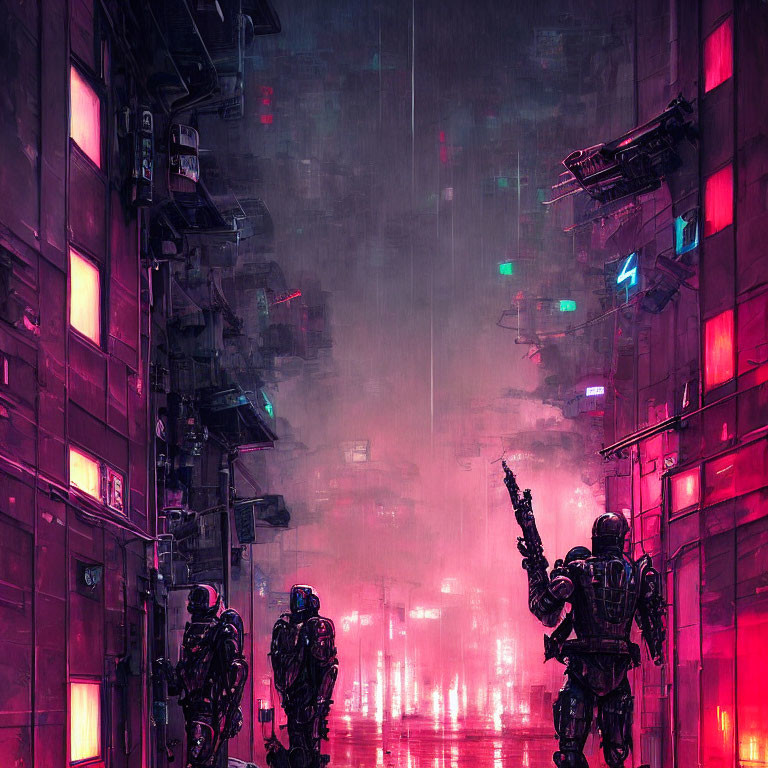 Neon-lit futuristic soldiers in rain-slicked cityscape