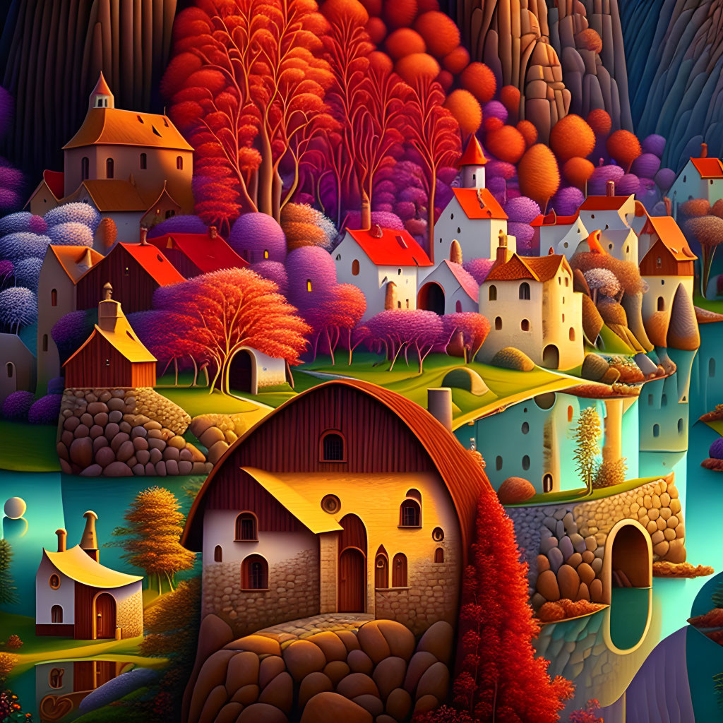 Whimsical village illustration with colorful trees, round doors, and serene river