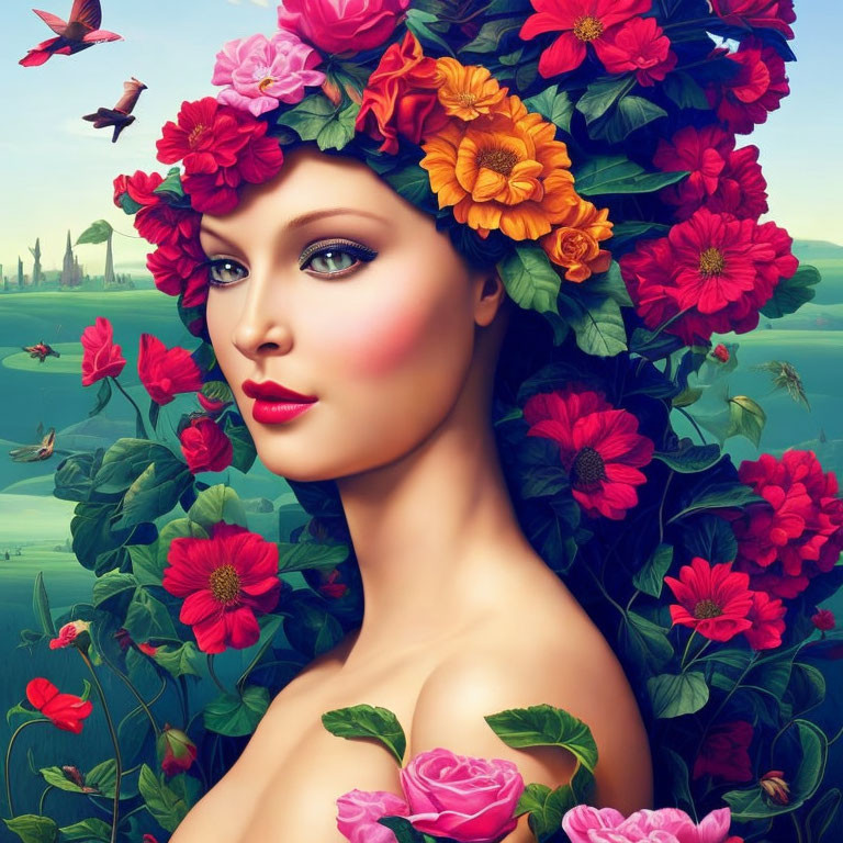 Vibrant rose-adorned woman in surreal landscape with flying birds