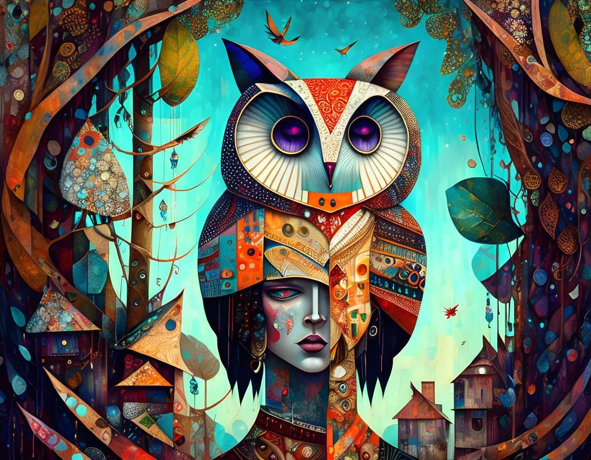 Colorful owl-woman fusion in whimsical setting with intricate details