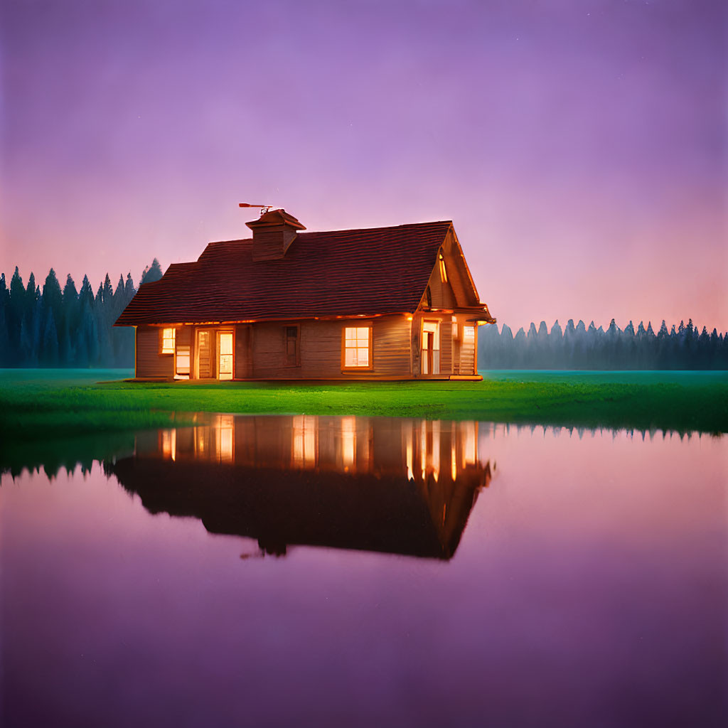 Tranquil wooden house by water at dusk with purple sky