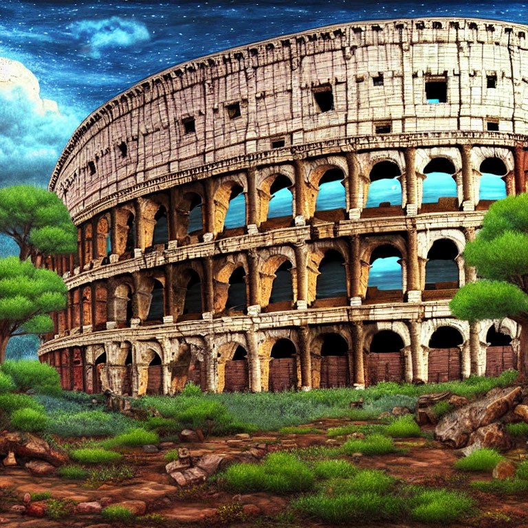 Illustration of Roman Colosseum in Enchanted Forest at Dusk