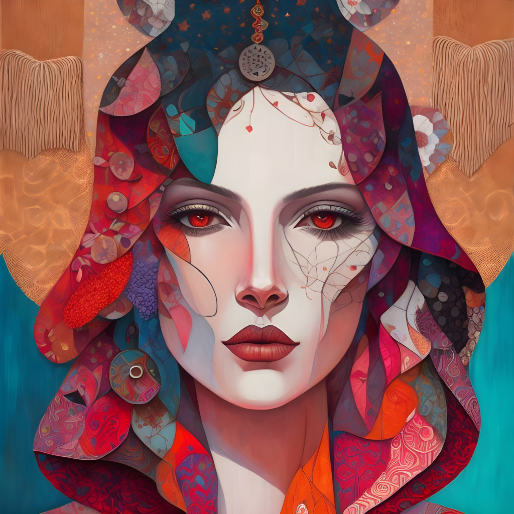 Symmetrical face woman digital painting with colorful patterns