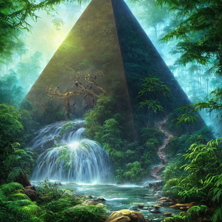 Mystical forest with triangular structure, waterfall, and stream