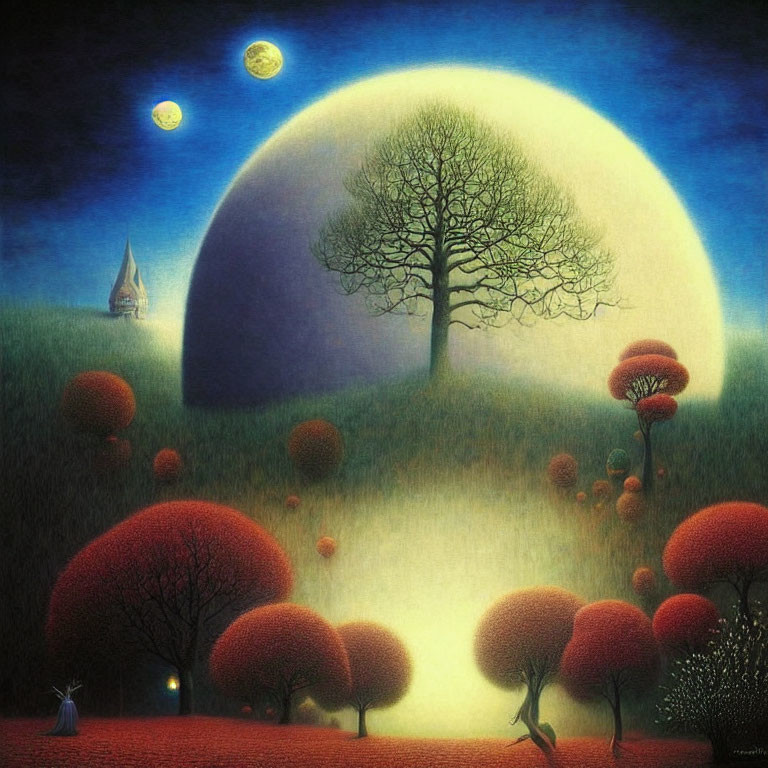 Surreal night landscape with oversized red trees, glowing sphere, figure, church, and two moons