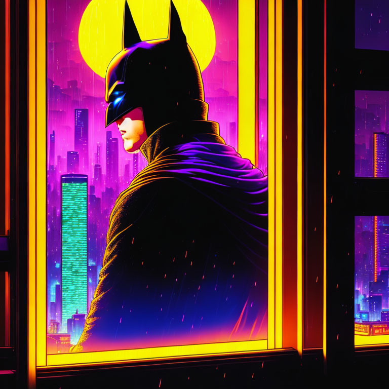 Caped Figure in Batman-like Costume Looking at Neon-lit Cityscape