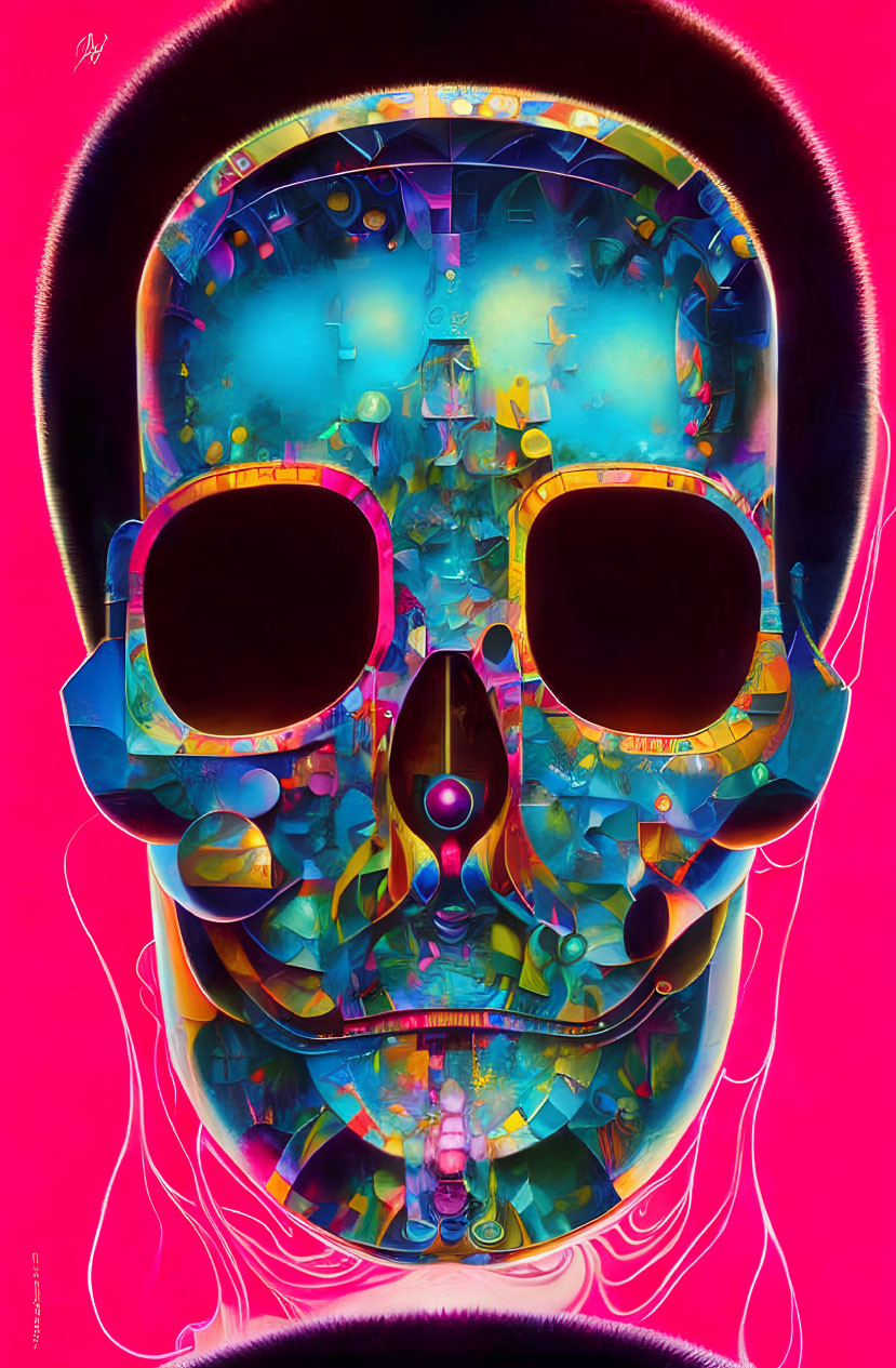 Colorful Skull Artwork with Whimsical Elements on Hot Pink Background