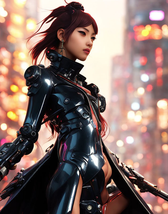 Brown-haired female in futuristic black armor against vibrant cityscape.