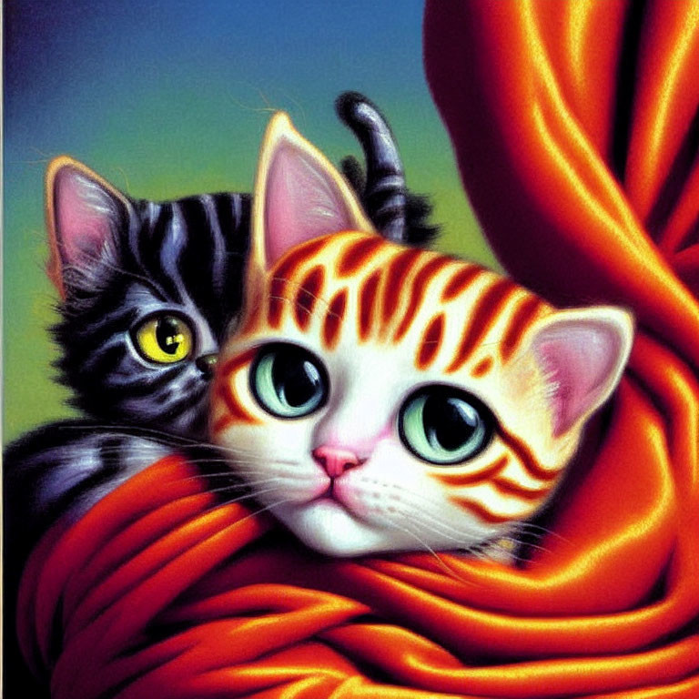 Illustrated Cats with Large Eyes in Orange Scarf on Muted Background