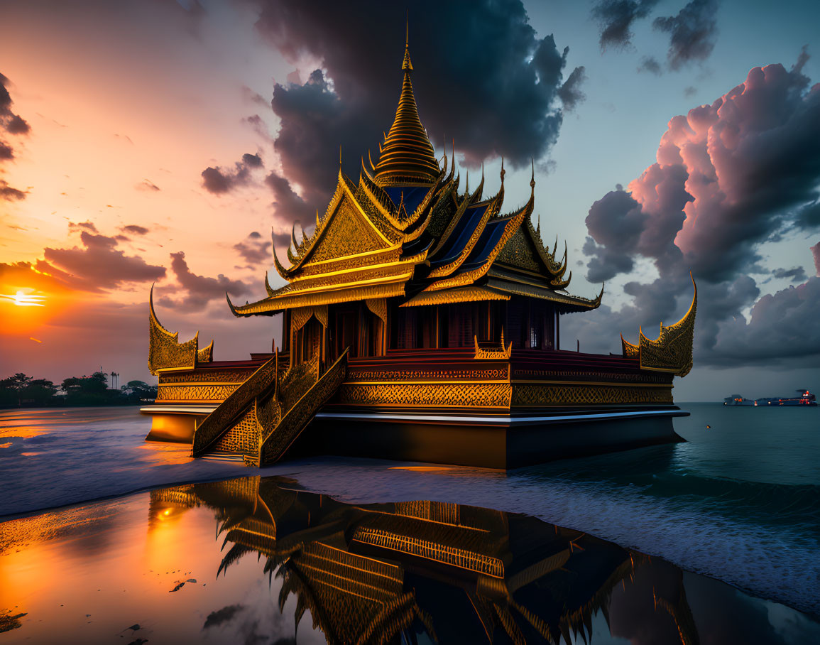 Traditional Thai Temple with Golden Roofs at Sunset & Reflecting Water