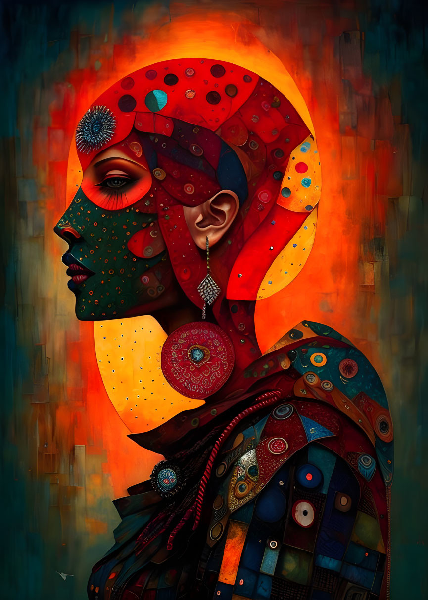 Colorful Stylized Portrait of Woman with Mechanical Elements on Abstract Background