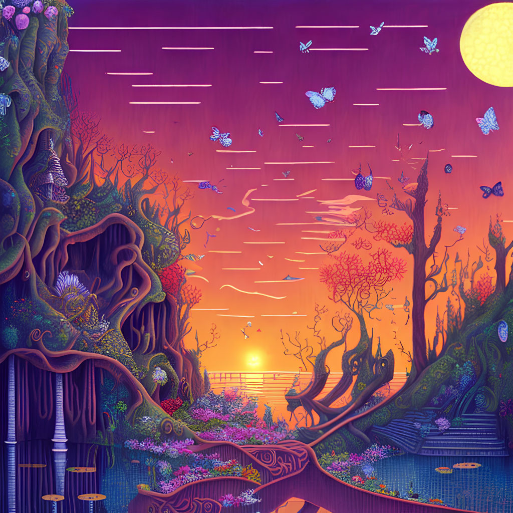 Colorful sunset scene with whimsical tree, butterflies, and purple bridge over water