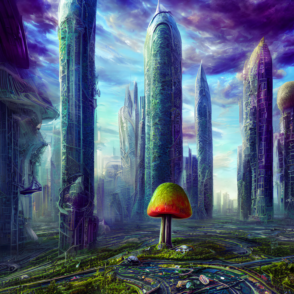 Vibrant futuristic cityscape with towering skyscrapers and giant mushroom