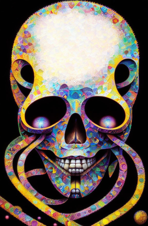 Colorful Psychedelic Skull with Swirling Designs on Black Background