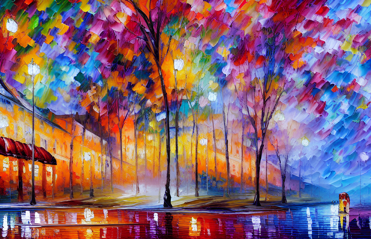 Colorful Impressionistic Painting of Twilight Park with Trees and Street Lamps