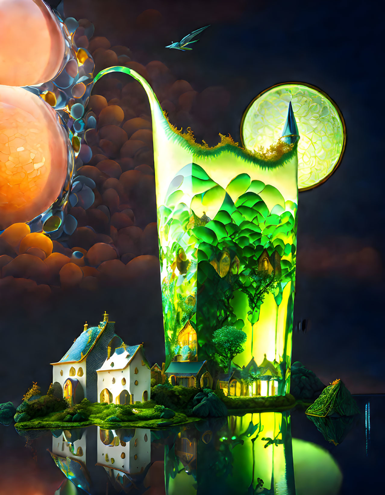 Fantastical tower with green foliage and orbs on reflective water under twilight sky