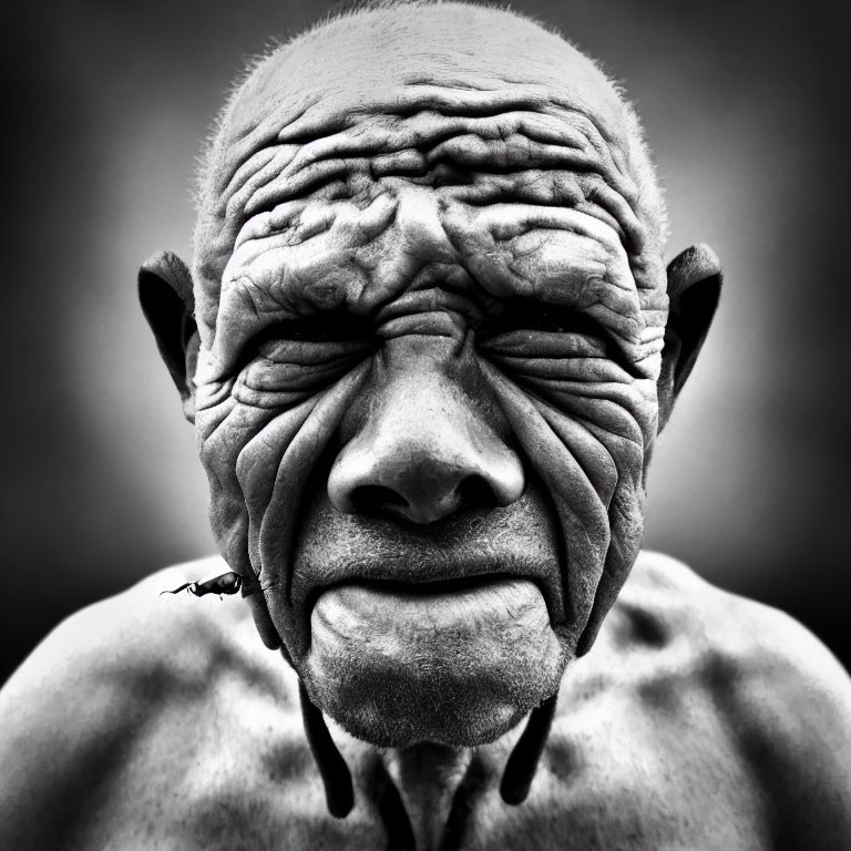 Monochrome close-up of elderly man with deep wrinkles and insect on cheek