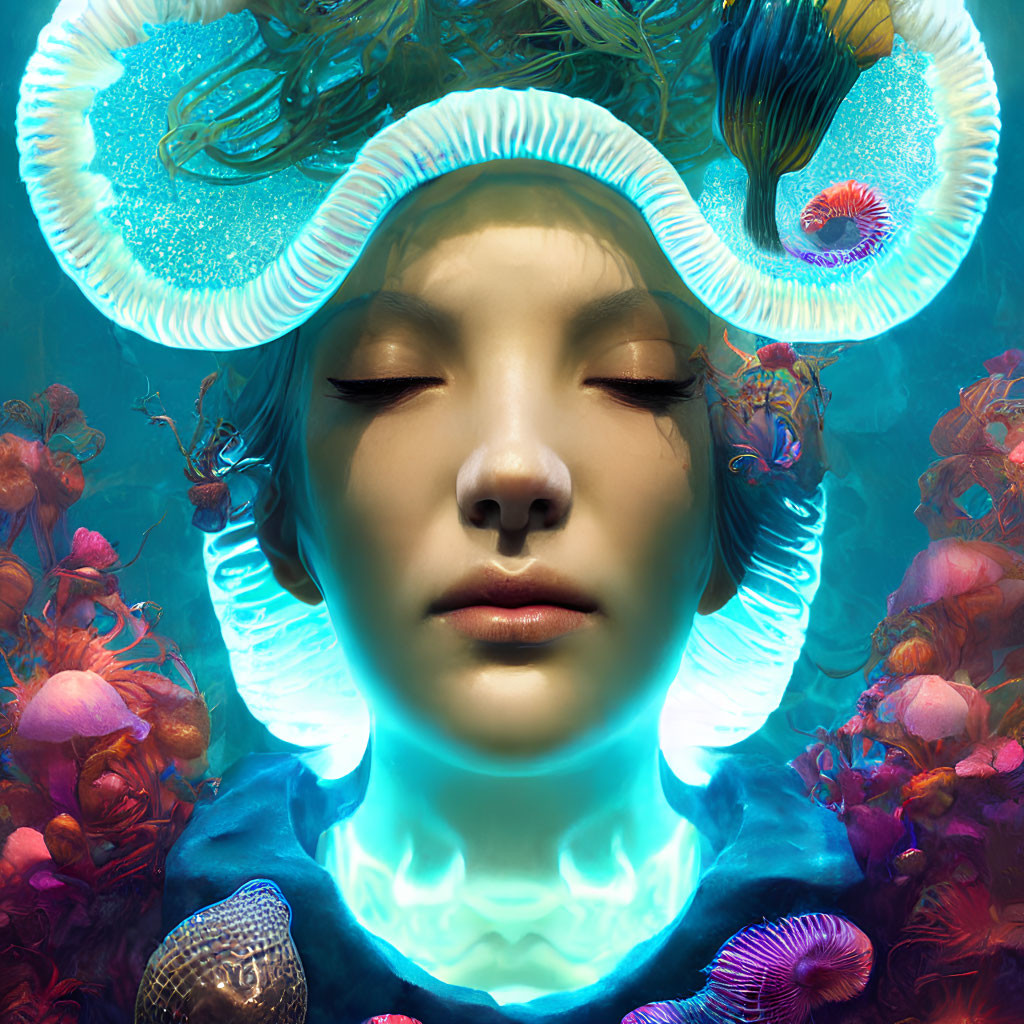 Underwater scene with serene face, jellyfish, coral, and glowing blue light.