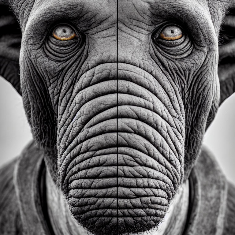 Symmetrical Elephant Face with Detailed Textures and Orange Eyes