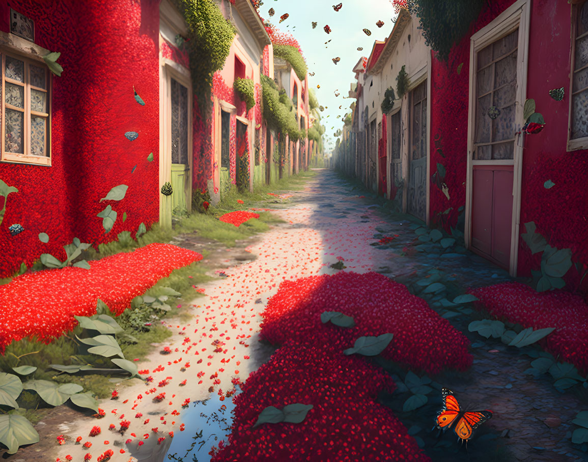 Cobblestone alley with red house walls, floating leaves, and butterfly