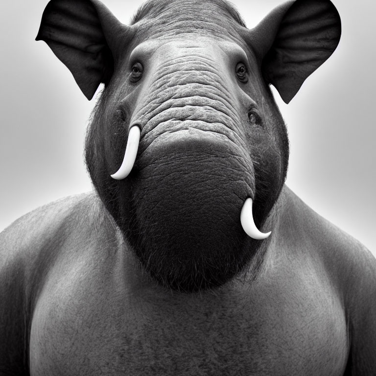 Monochrome close-up of elephant with spread ears and tusks