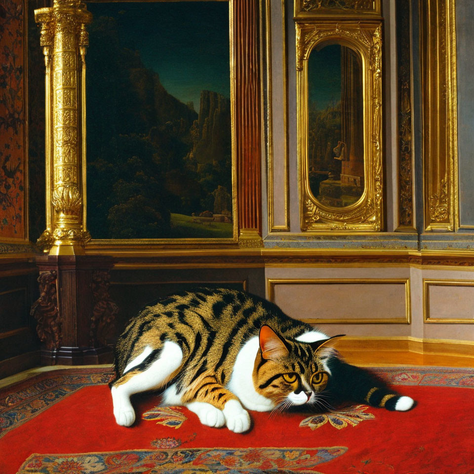 Tabby cat resting on red carpet in luxurious room setting