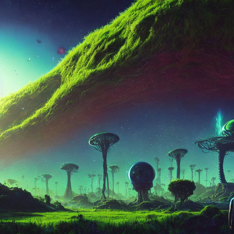 Fantastical landscape with oversized mushroom-like structures and grass-covered arc under starry sky