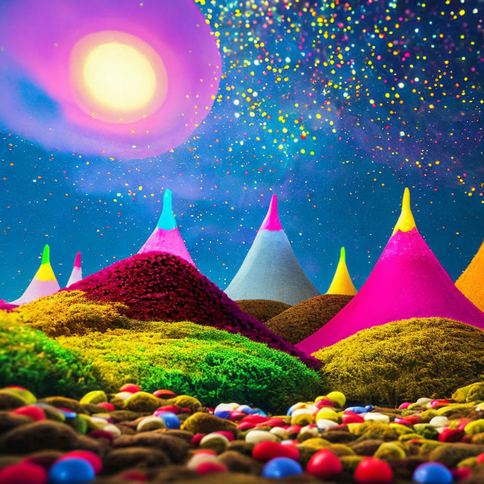 Colorful Cone-Shaped Hills in Surreal Landscape with Moons and Orbs