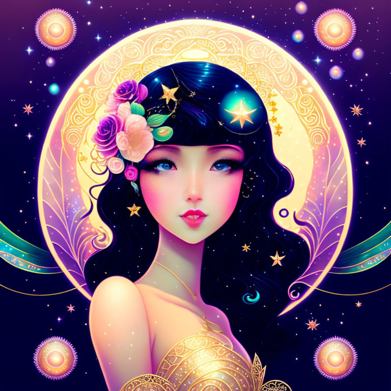 Stylized female figure with dark hair and celestial motifs on purple background