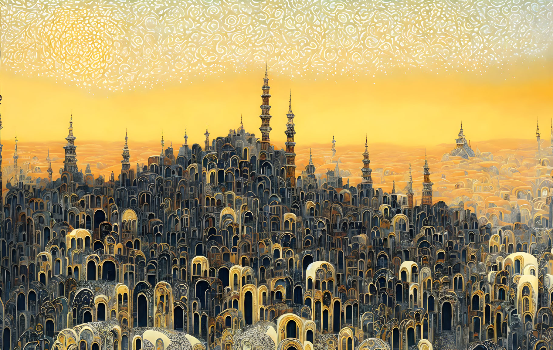 Fantasy landscape with golden towers and filigree sky