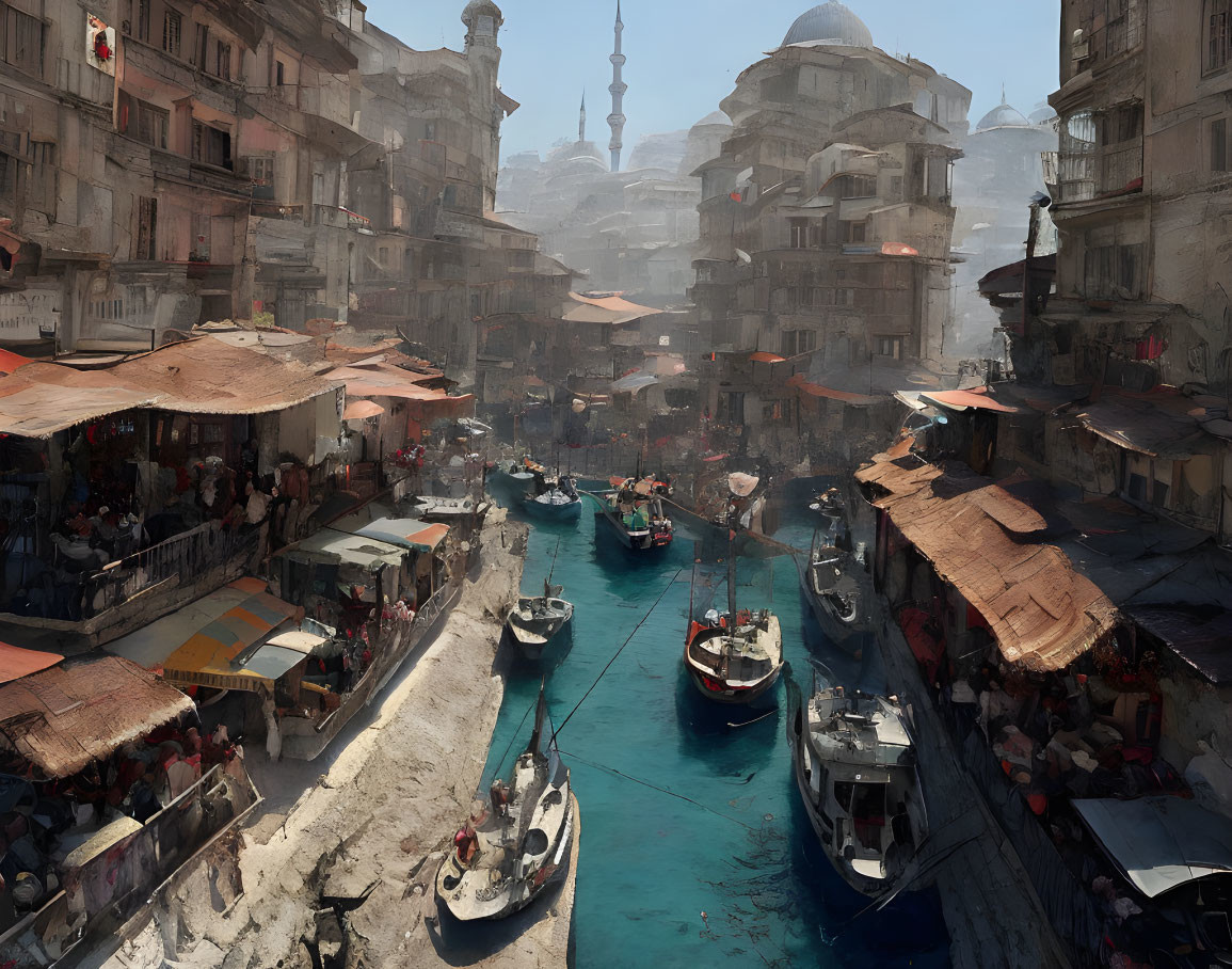 Cityscape canal market with boats, stalls, and domes in dense urban setting