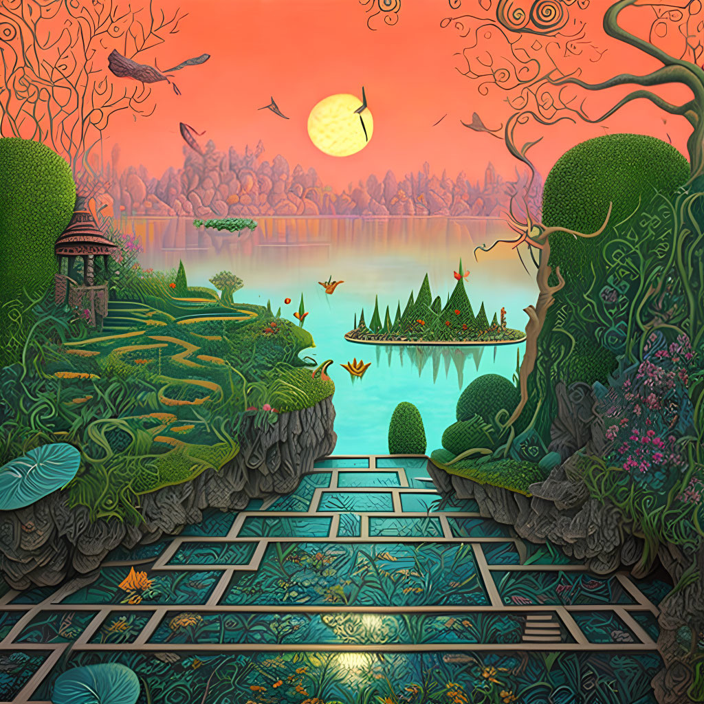 Colorful Fantasy Landscape with Mosaic Pathway and Sunset Lake