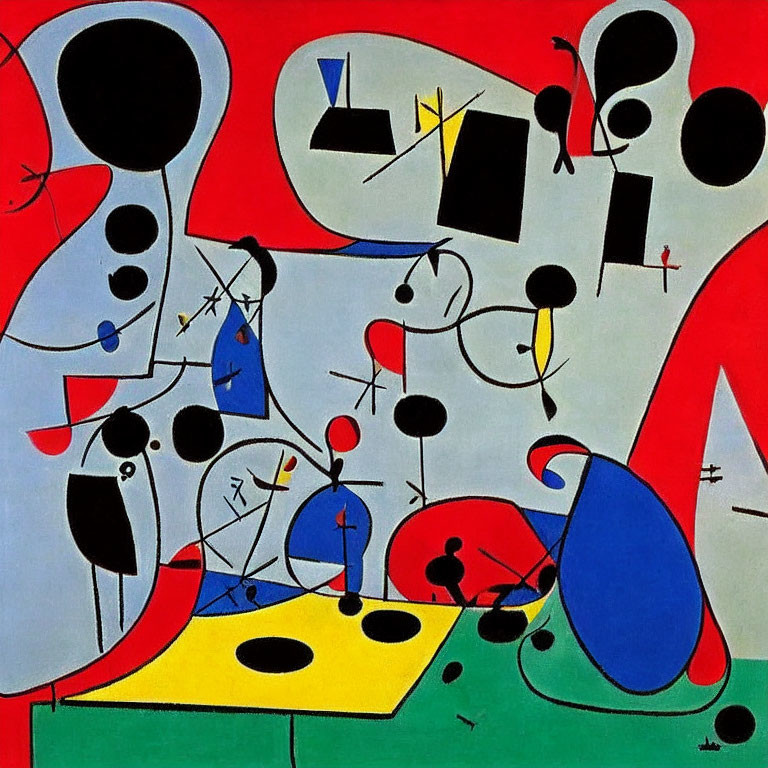 Vibrant abstract painting with geometric shapes and organic forms in red, blue, yellow, black,