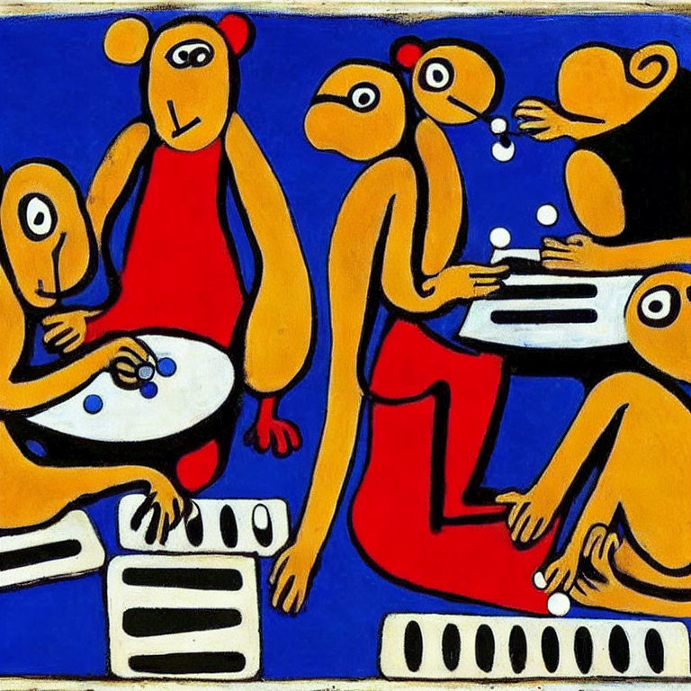 Colorful abstract painting: Four stylized figures with monkey-like features gathered around a table on blue background