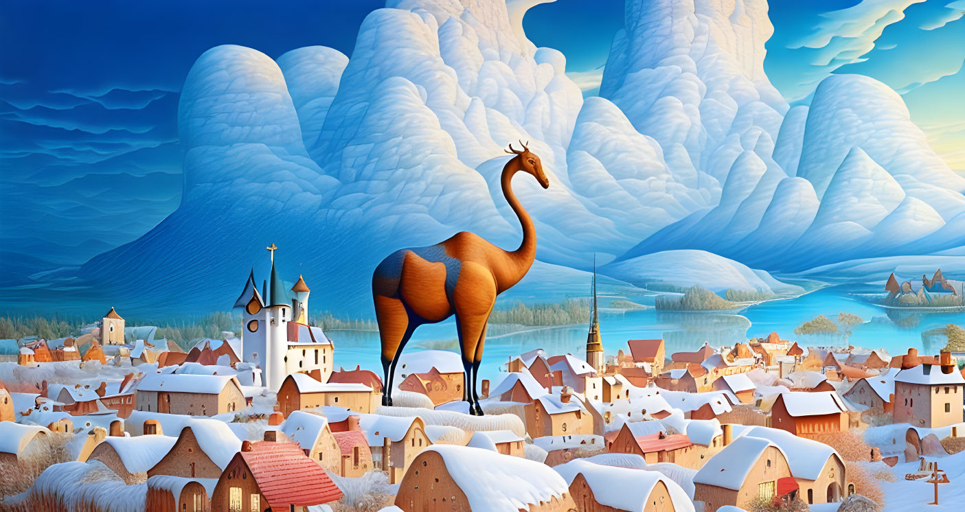 Majestic deer-like creature overlooking snowy village with church