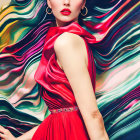 Elegant woman in red dress with vibrant multicolored backdrop