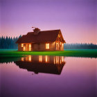 Tranquil wooden house by water at dusk with purple sky