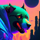 Colorful Dog in Blue Spacesuit Against Futuristic Cityscape