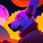 Anthropomorphic wolf art with red eyes and celestial city backdrop