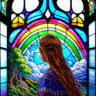 Colorful stained glass window featuring castle, rainbow, trees, house, hills