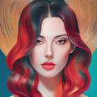 Woman with Red and Black Wavy Hair and Glowing Halo on Teal Background