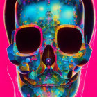 Colorful Skull Artwork with Whimsical Elements on Hot Pink Background