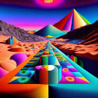 Colorful geometric shapes lead to pyramids in surreal landscape