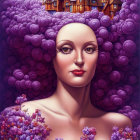 Illustrated portrait of woman with elaborate purple rose hair and lilac flower shoulder against rose backdrop