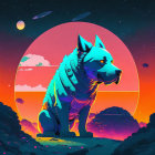 Armored Dog in Sci-Fi Landscape with Red Sun and Flying Saucers